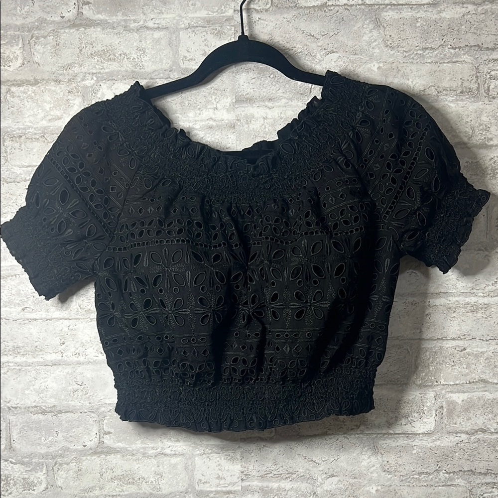 J. Crew Black Ruffled Smocked Crop Blouse